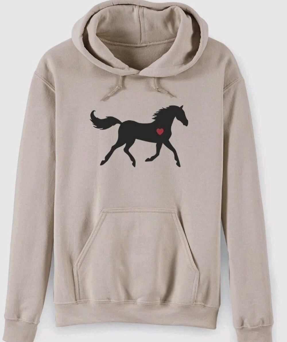 Horse Graphic Print Fleece Pullover Hoodie with Pockets 2XL unisex beige